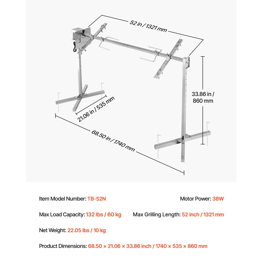 VEVOR Griglia per Arrosto da Barbecue da 1321 mm, AC 220-240 V, Set Griglia per Girarrosto Elettrico a 8 Stadi con Capacità di Carico di 60 kg, Motore da 38 W, per Feste, Riunione di Famiglia