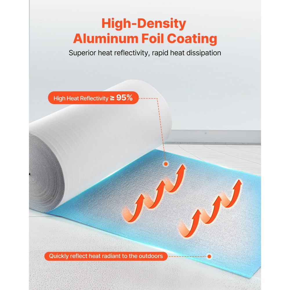 VEVOR Rotolo Isolante Riflettente, Barriera Radiante con Anima in Schiuma EPE e Foglio di Alluminio, Spessore 3 mm, 76,2 x 1,22 m, Scudo Riflettente del Calore, Rotolo Isolante Termico per Porte