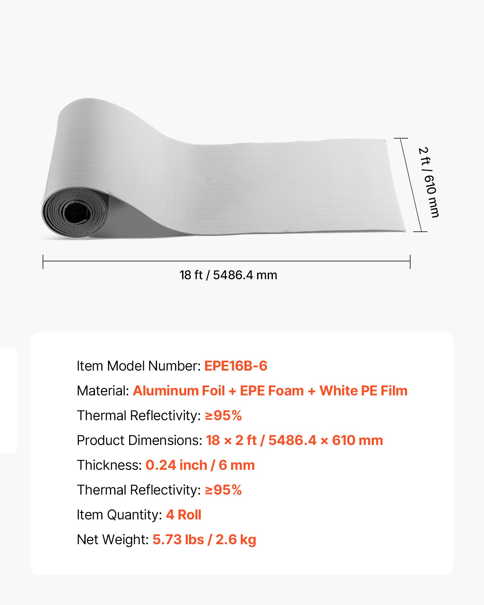 VEVOR Rotolo Isolante Riflettente, 4 Rotoli, Barriera Radiante con Anima in Schiuma EPE e Foglio di Alluminio, Spessore 6 mm, 5,49 x 0,61 m, Kit di Isolamento Termico per Porte da Garage per 2 Auto