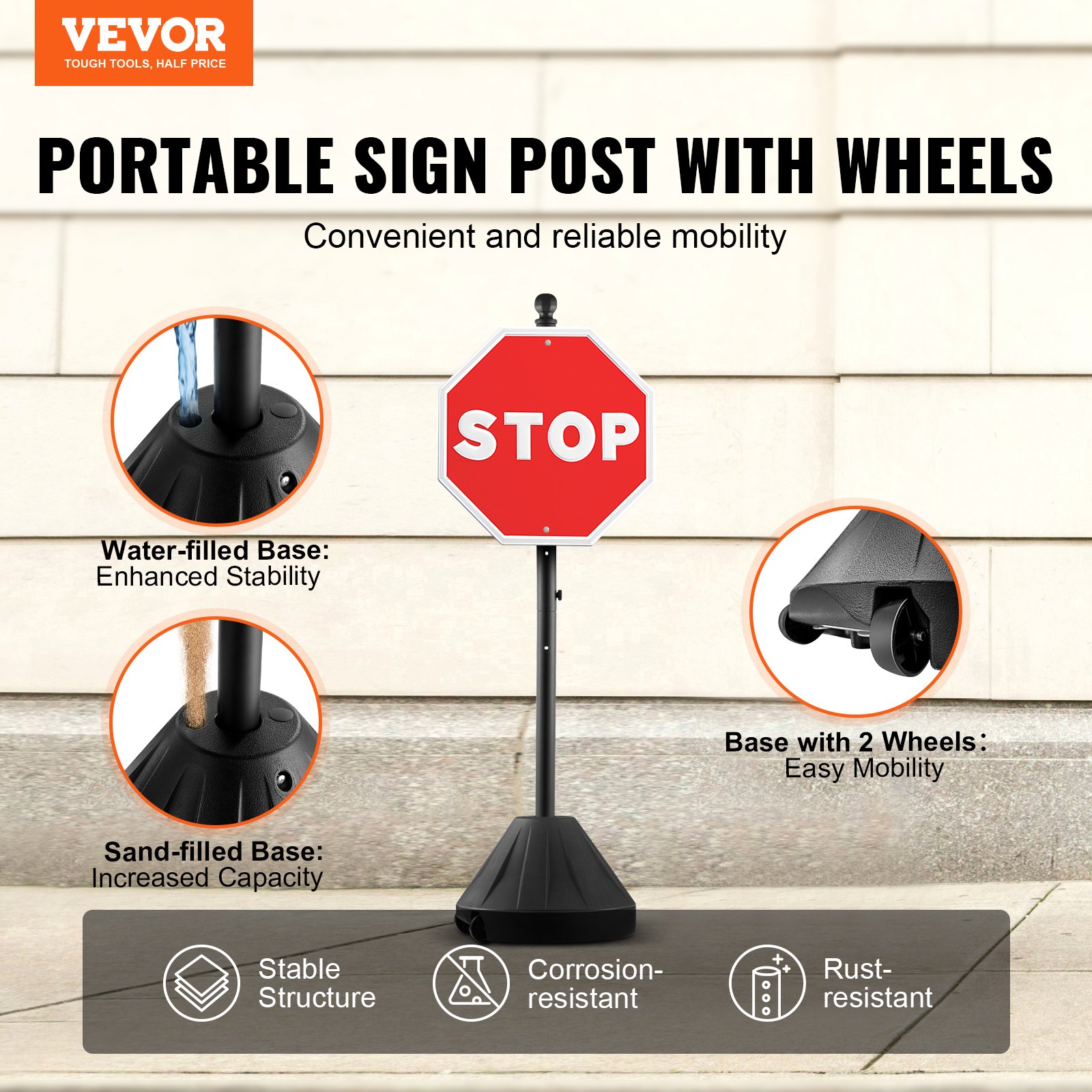 VEVOR Portacartello Portatile, Supporto per Cartello in Ghisa di Parcheggio Mobile 1524 mm con Base in Plastica Rigida e Ruote, per Cartelli Stradali di Divieto di Parcheggio, Bulloni e Dadi, Nero
