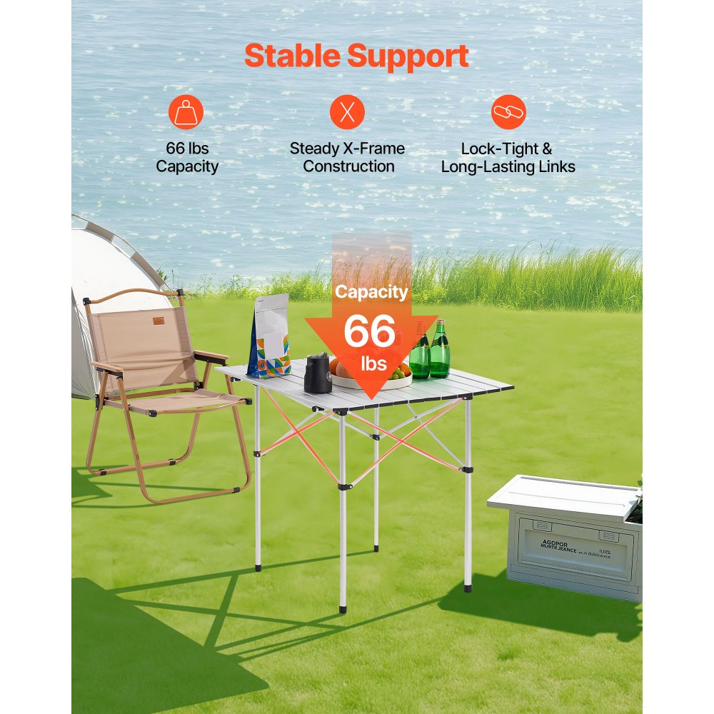 VEVOR Folding Camping Table, Portable Roll Up Side Tables, Small Lightweight Aluminum Beach Table, Compact with Carry Bag, for Outdoor Cooking, Tailgating, Grilling, Picnic, Travel, Silver