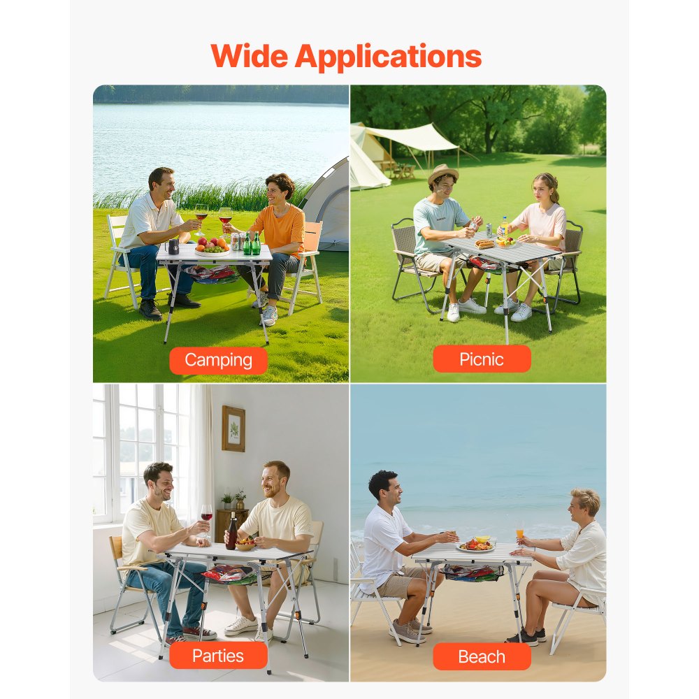 VEVOR Tavolo da Campeggio Pieghevole, Tavolini Laterali Portatili Arrotolabili da Spiaggia in Alluminio Leggero, con Altezza Regolabile, Strato Superiore in Rete e Borsa per Trasporto, Argento