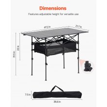 VEVOR Tavolo da Campeggio Pieghevole, Tavolo da Spiaggia in Alluminio Leggero con Altezza Regolabile, Ampia Borsa Portaoggetti e Borsa per Trasporto, per Barbecue all'Aperto, Picnic, Viaggi, Nero