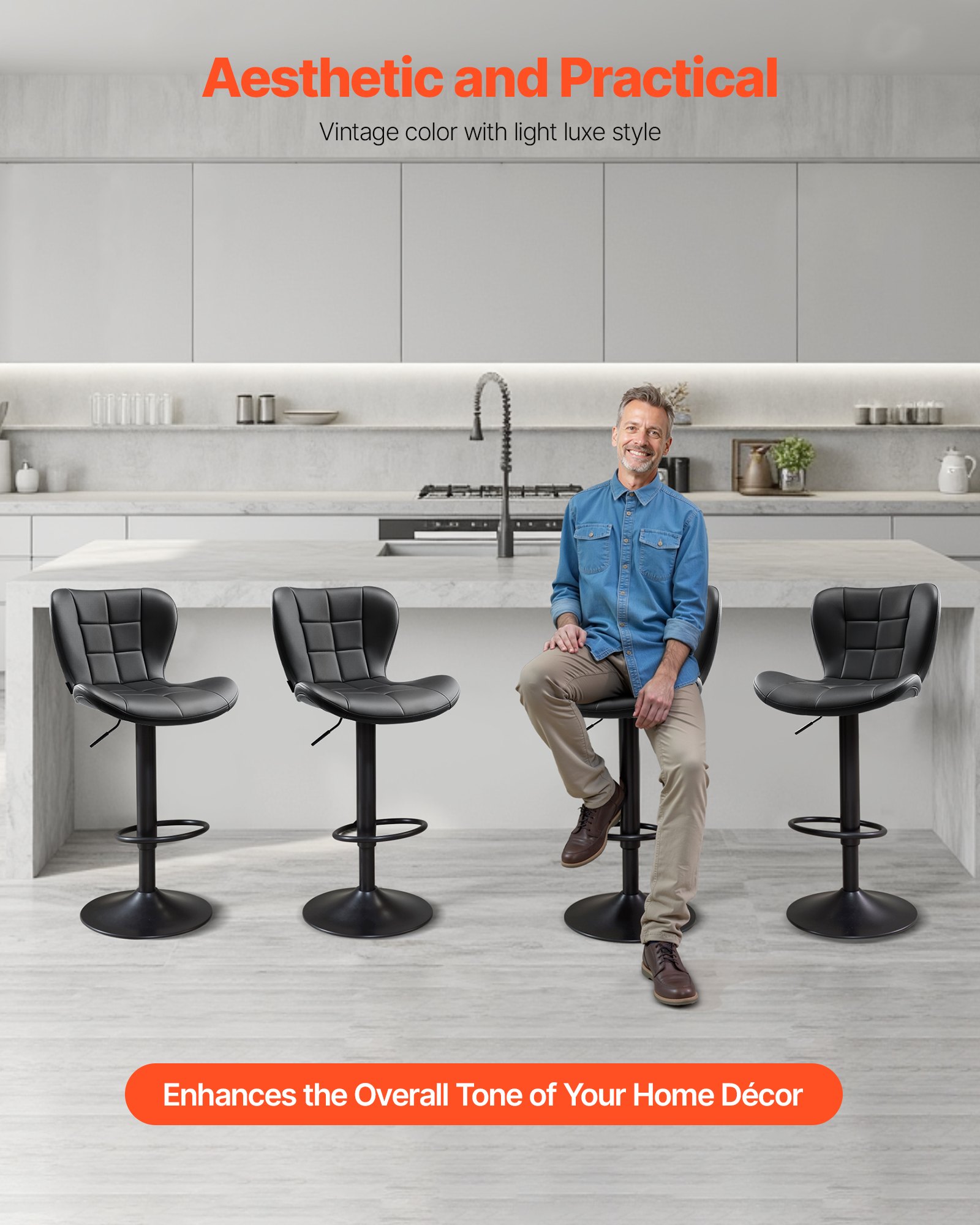 VEVOR Set di 2 Sgabelli da Bar in Similpelle, Sgabelli da Bar a Isola Girevoli da Cucina con Schienale e Poggiapiedi, Sedia Senza Braccioli Regolabile in Altezza, per Cucina, Sala da Pranzo, Neri