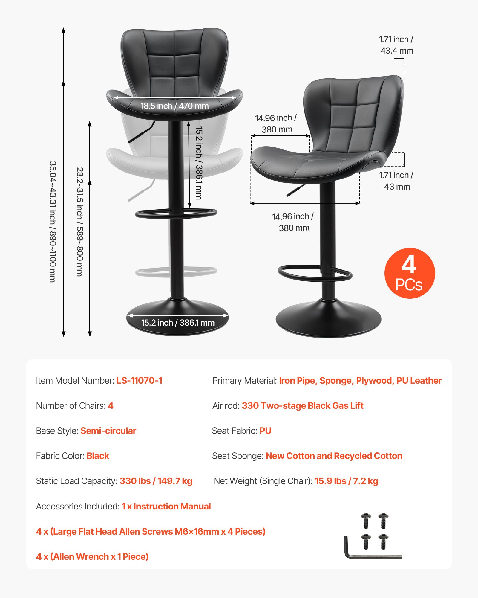 VEVOR Bar Stool Set of 4, Modern PU Leather Counter Height Stools, Swivel Kitchen Barstool with Back and Footrest, Height Adjustable Armless Bar Chair, Island Barstools for Kitchen, Dining Room, Black