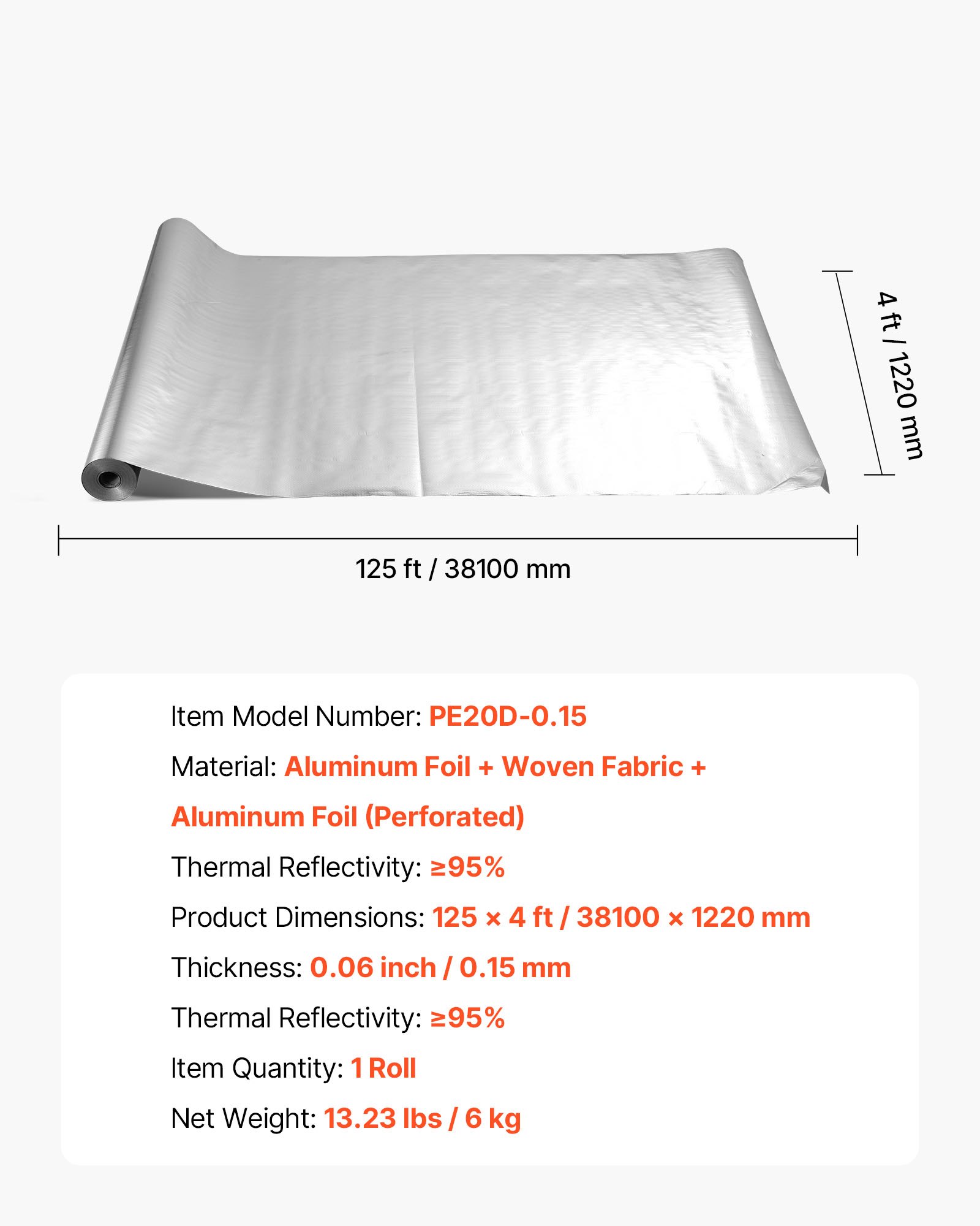 VEVOR Rotolo Isolante Riflettente Doppio, Barriera Radiante in Tessuto Perforato, Spessore 0,15 mm, 38,1 mx 1,22 m, Scudo Riflettente del Calore in Alluminio Bifacciale, per Tetti di Camper