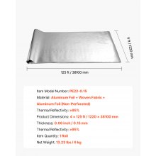 VEVOR Rotolo Isolante Riflettente Doppio, Barriera Radiante in Tessuto Non Perforato, Spessore 0,15 mm, 38,1 mx 1,22 m, Scudo Riflettente del Calore in Alluminio Bifacciale, per Tetti di Finestre