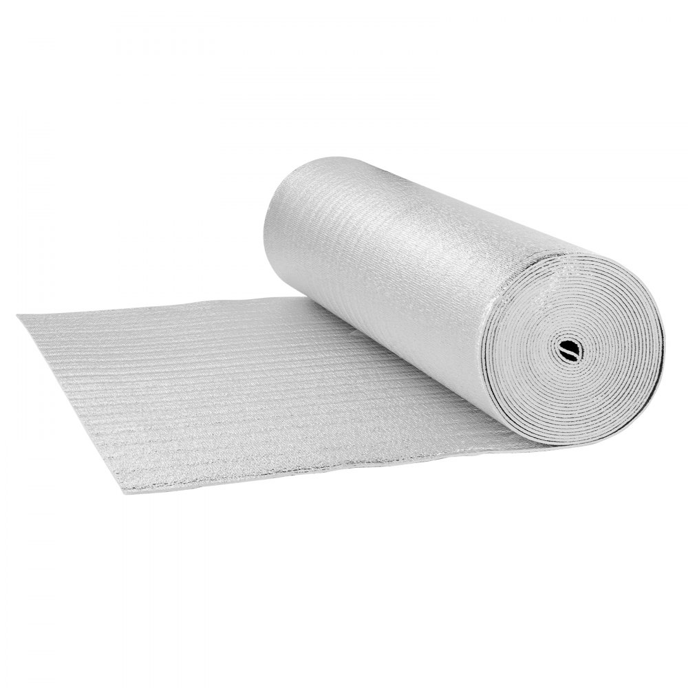 VEVOR Rotolo di Isolamento Riflettente Doppio, Barriera Radiante con Anima in Schiuma, 122 x 1524 cm, Scudo Riflettente del Calore in Schiuma EPE in Alluminio Bifacciale, per Finestre Camper
