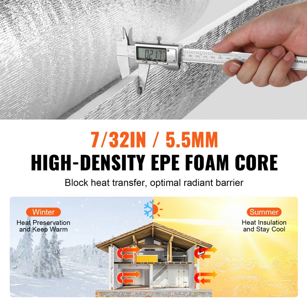 VEVOR Double Reflective Insulation Roll, Radiation Barrier with Foam Core, 5.5 mm, 48 in x 50 ft, Double-Sided Heat-Reflecting Shield Made of Aluminum Foil and EPE Foam, Thermal Insulation Roll for Windows and RV Roofs