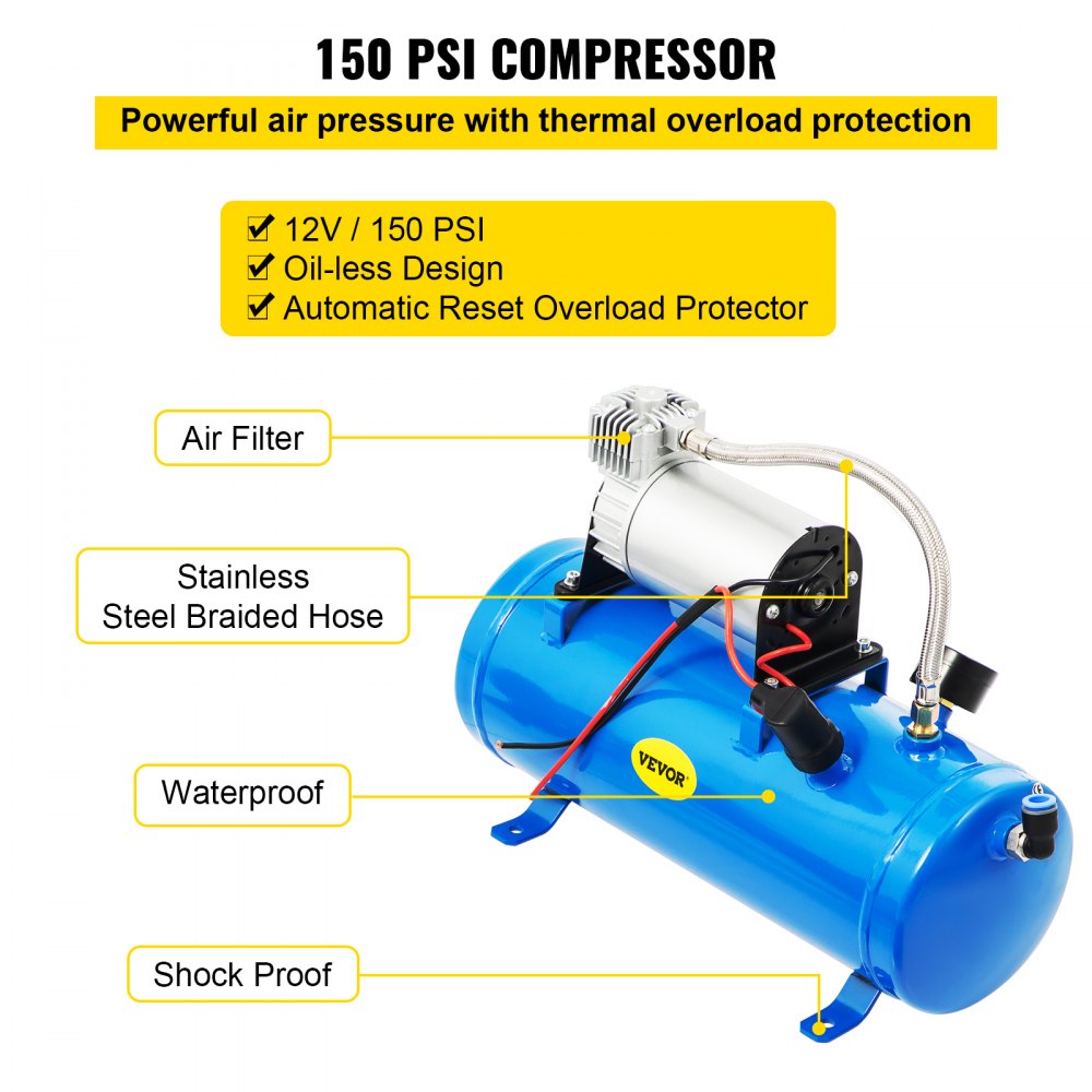 VEVOR Kit di Clacson ad Aria Compressa 150dB 4 Pezzi di Trombe Compressore 12V per Auto Camion Furgone Barche, Kit di Trombe Compressore ad Aria con Serbatoio 6L Set di 4 Trombe per Veicoli 150dB 12V