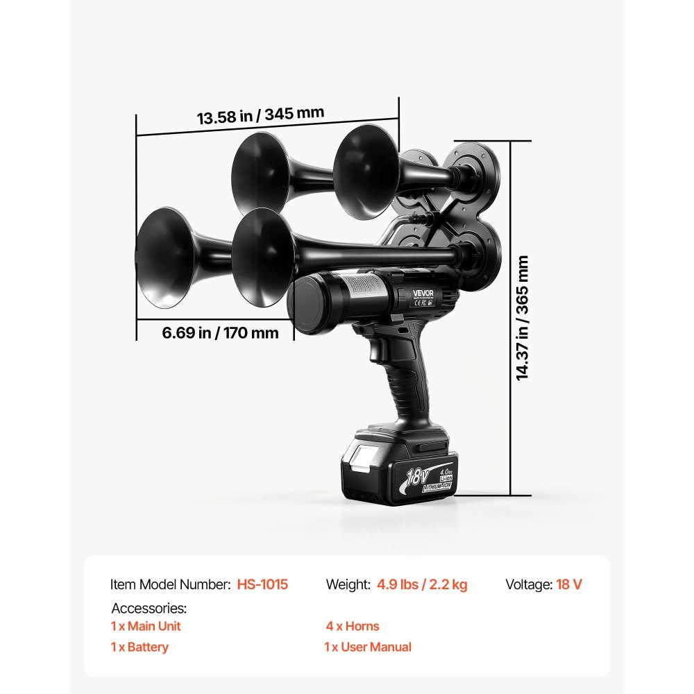 VEVOR Tromba ad Aria Compressa 18V Senza Fili 4 Trombe da 130 dB per Pedoni Batteria al Litio da 4 Ah, Suono Forte Penetrazione, Portatile, Ideale per Avvisi per Veicoli, Festività, Eventi Sportivi