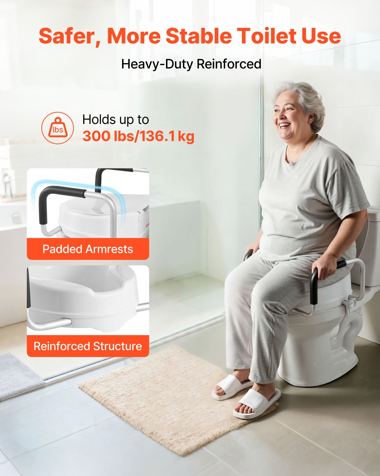 VEVOR Sedile Sollevabili di Ausilio Mobilità con Capacità di Carico di 136 kg e Altezza di Sollevamento di 101,6 mm e Coperchio per WC, con Maniglie Imbottite per Anziani, Donne Incinte