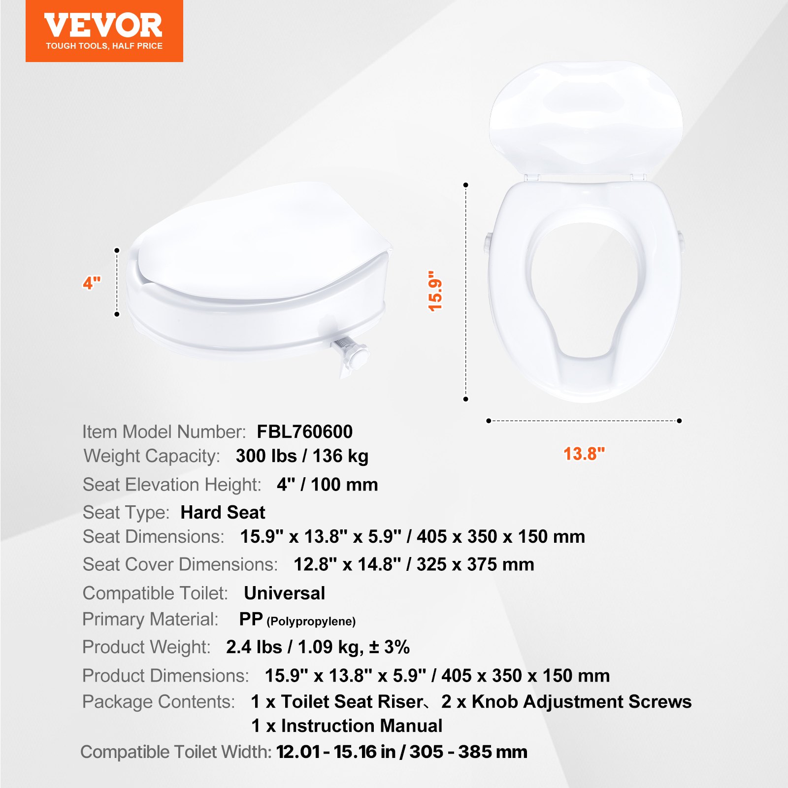 VEVOR Rialzo WC Universale Alto 100 mm, Sedile WC Rialzato Portata 136 kg, Realizzato in PP Resistente, Blocco con Asta a Vite, per Anziani, Disabili, Pazienti, Incinte