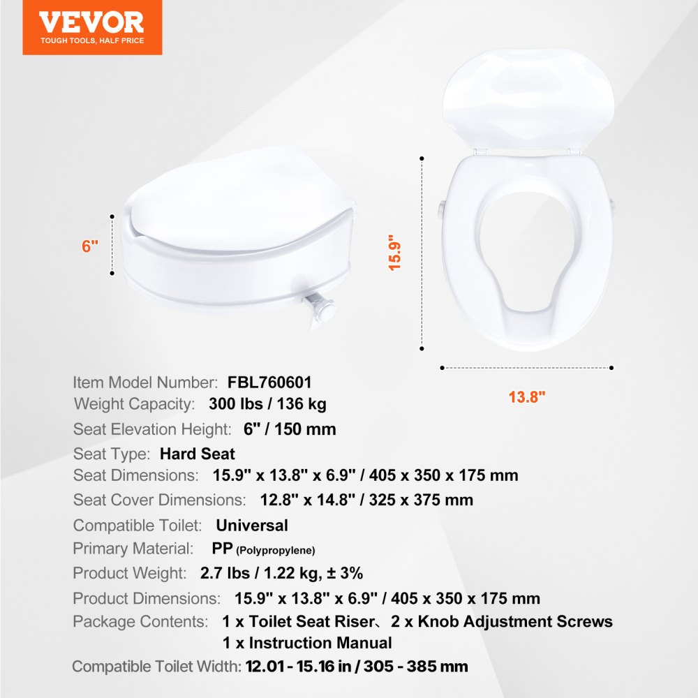 VEVOR Rialzo WC Universale Alto 150 mm, Sedile WC Rialzato Carico 136 kg, Realizzato in PP Resistente, Blocco con Asta a Vite, per Anziani, Disabili, Pazienti, Incinte, Accessori per Bagno