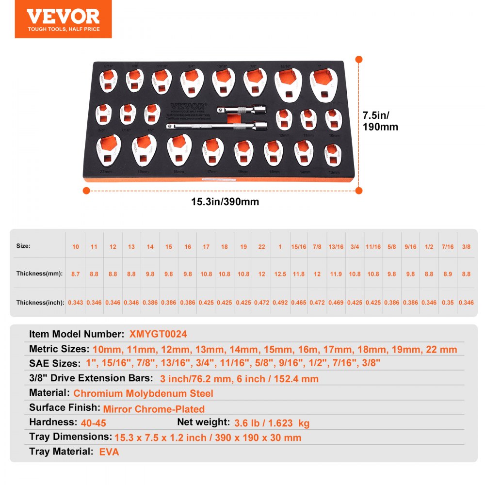 VEVOR Set Chiavi a Piede di Corvo 24 Pezzi Attacco Quadro 3/8", Kit Chiave a Piede di Porco Metrico SAE in Acciaio CR-MO Valigetta Portatile per Chiave Dinamometrica per Riparazione Automobilistica