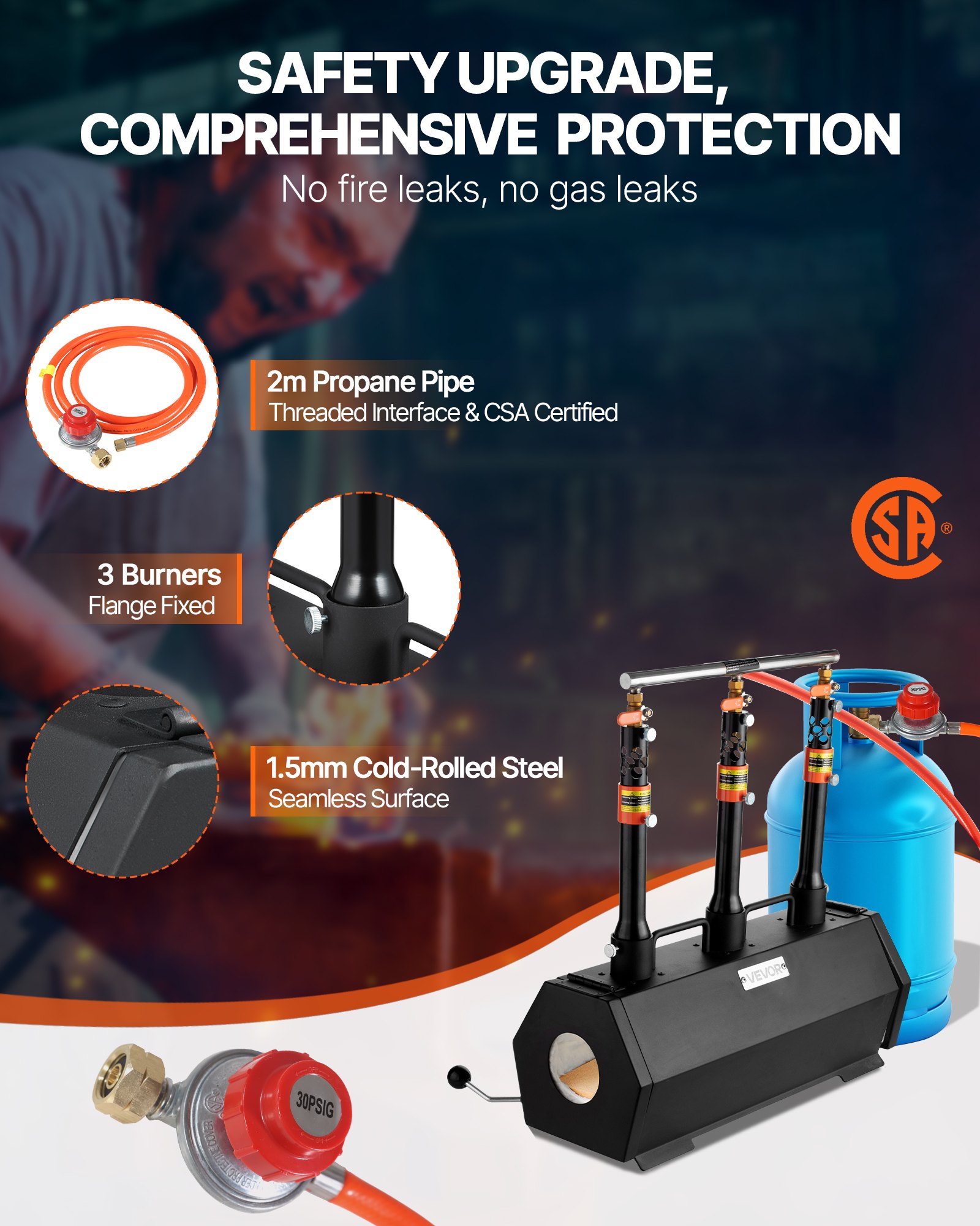 VEVOR Forgia Portatile a Propano con 3 Bruciatori, Forno a Gas max. 1427℃ per Fabbricazione di Utensili Coltelli Metalli, Forgiatura e Maniscalco, Forno Esagonale in Acciaio Laminato a Freddo
