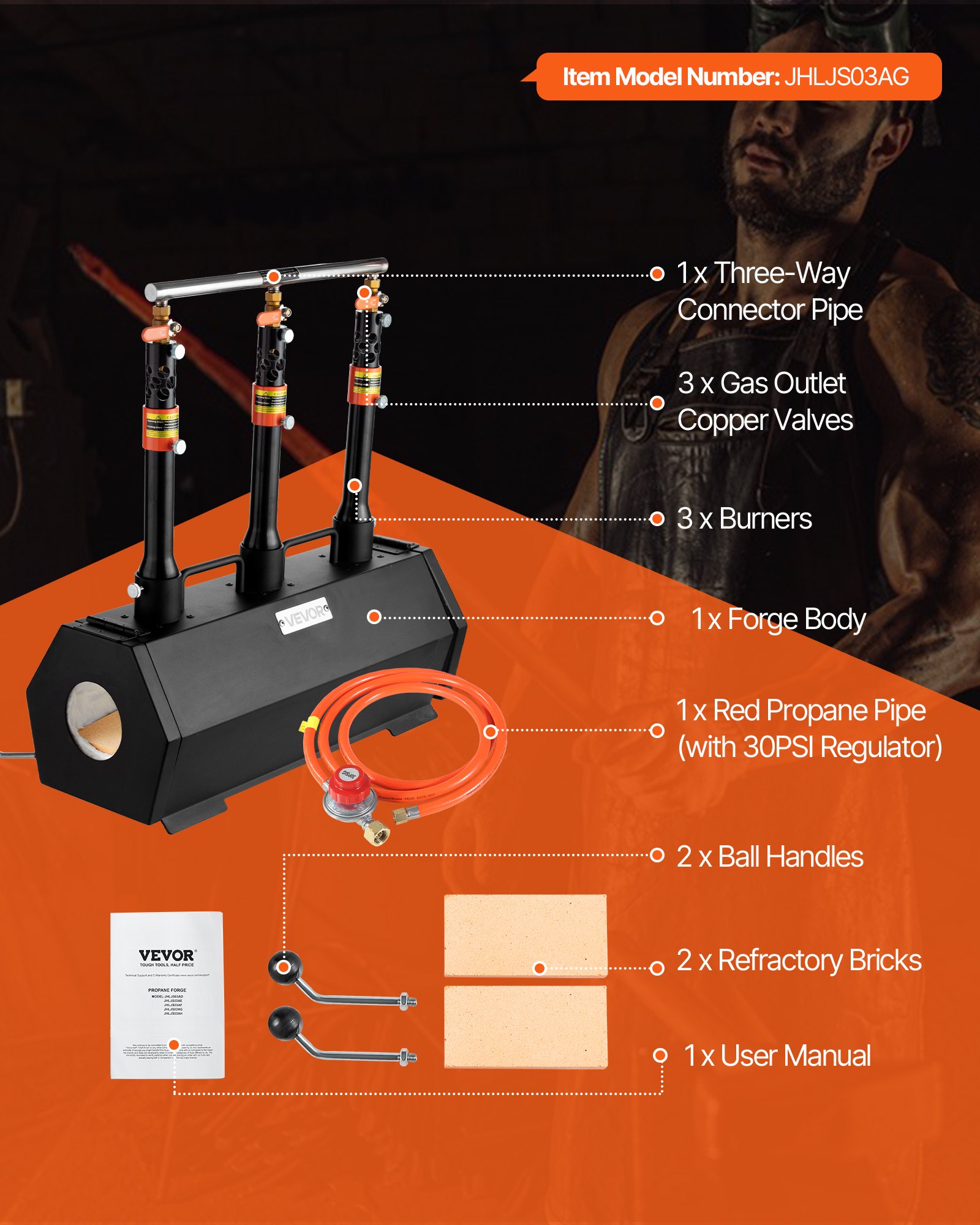 VEVOR Forgia Portatile a Propano con 3 Bruciatori, Forno a Gas max. 1427℃ per Fabbricazione di Utensili Coltelli Metalli, Forgiatura e Maniscalco, Forno Esagonale in Acciaio Laminato a Freddo