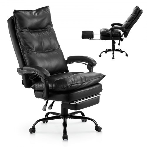 VEVOR Sedia Girevole da Ufficio con Poggiapiedi Cuscino Lombare, Sedia Girevole Ergonomica, Sedile da Ufficio in Pelle PU, Carico max. 181,44 kg, Altezza Regolabile, Inclinabile, Casa, Studio, Nero