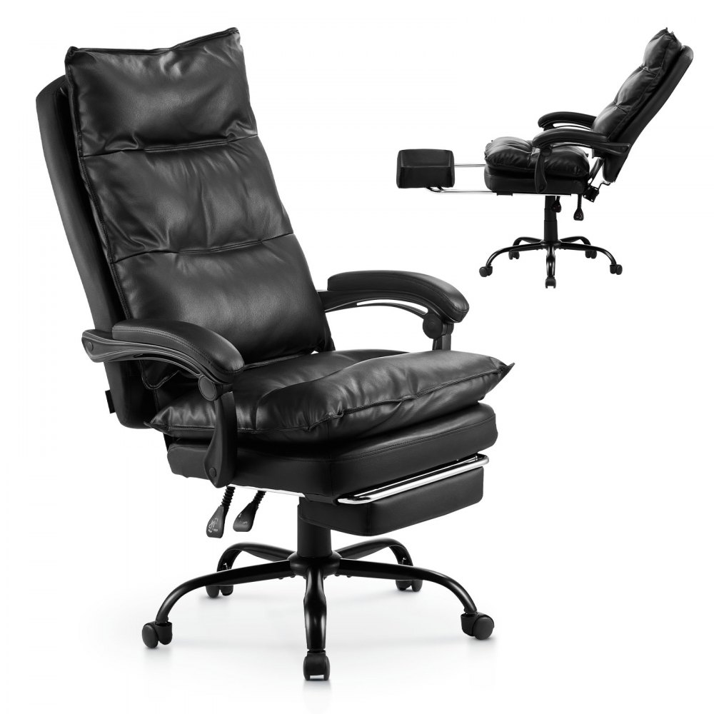 VEVOR Sedia Girevole da Ufficio con Poggiapiedi Cuscino Lombare, Sedia Girevole Ergonomica, Sedile da Ufficio in Pelle PU, Carico max. 181,44 kg, Altezza Regolabile, Inclinabile, Casa, Studio, Nero