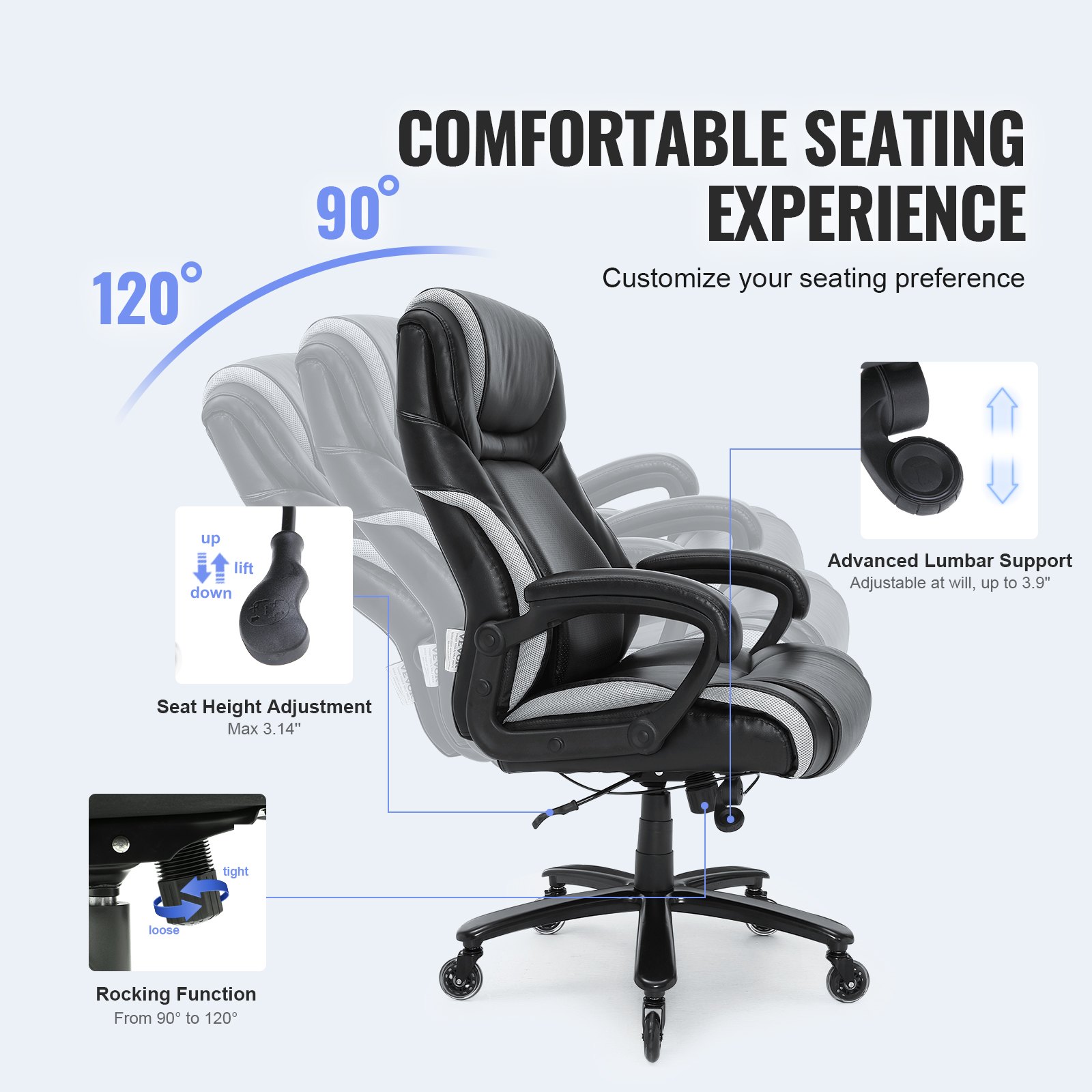 VEVOR Office Chair PU Leather Black Executive Chair with Height-Adjustable Backrest 0-80 mm, Desk Swivel Chair, 181.43 kg Load Capacity, Executive Office Chair 770 x 600 mm Backrest Swivel Chair