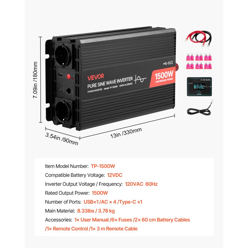 VEVOR Inverter di Corrente da 1500 W, Inverter a Onda Sinusoidale Pura da 12 V CC a 230 V CA, Convertitore per Caricabatteria da Auto con Telecomando, Porte USB e Tipo C, 2 Prese CA, per Camper
