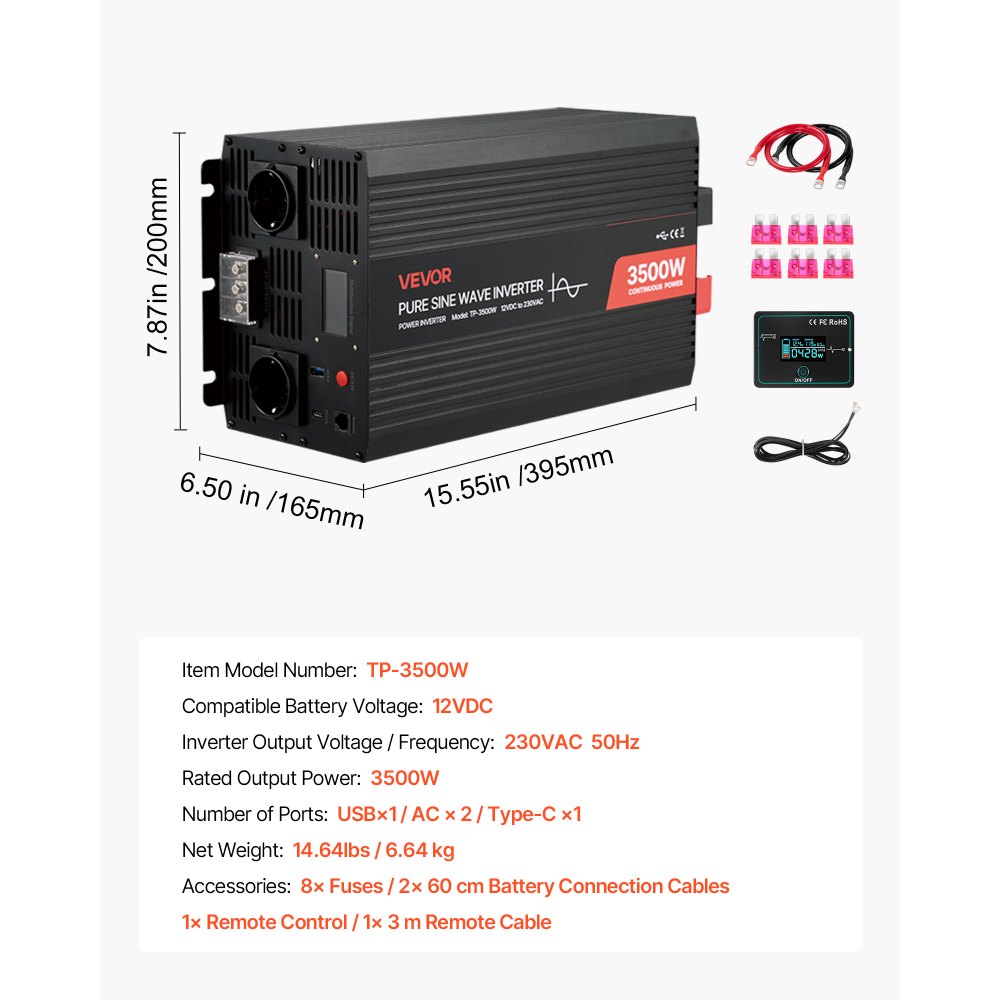 VEVOR Inverter di Corrente da 3500 W, Inverter a Onda Sinusoidale Pura da 12 V CC a 230 V CA, Convertitore per Caricabatteria Solare da Auto con Display LCD, Telecomando, Porte USB e Tipo C, Prese CA