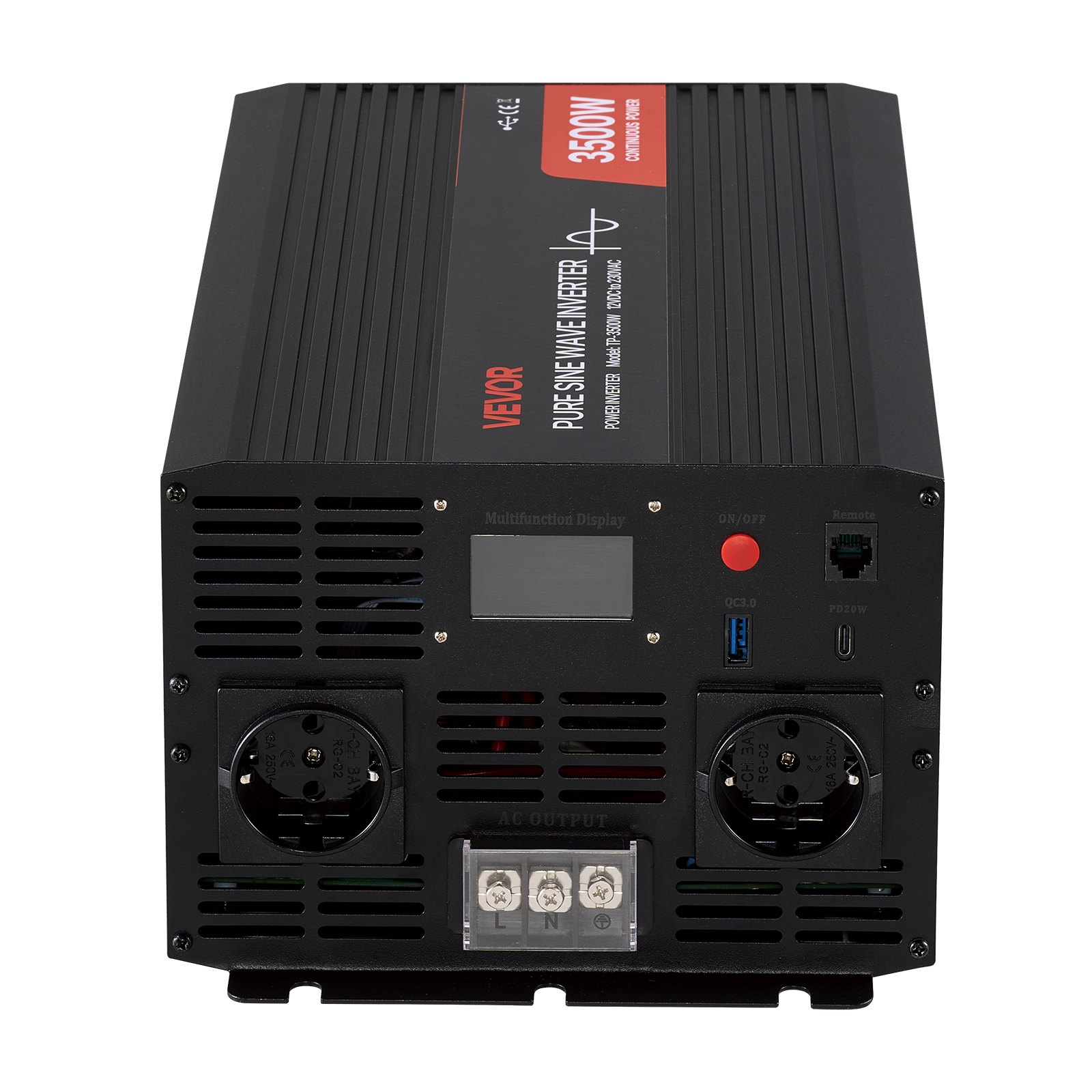 VEVOR Inverter di Corrente da 3500 W, Inverter a Onda Sinusoidale Pura da 12 V CC a 230 V CA, Convertitore per Caricabatteria Solare da Auto con Display LCD, Telecomando, Porte USB e Tipo C, Prese CA