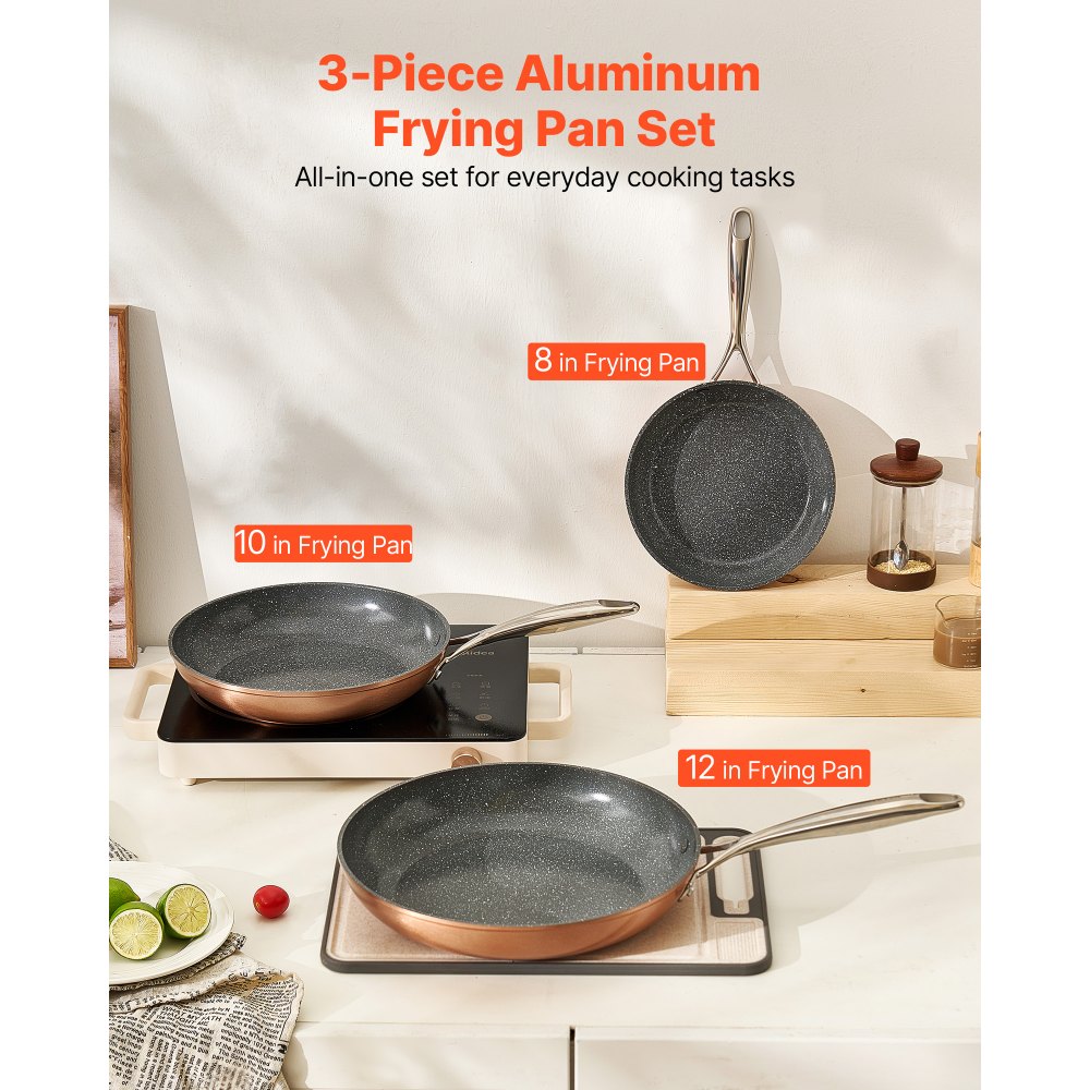 VEVOR Padella in Alluminio, 3 Pezzi, 200, 270, 300 mm Padelle in Ceramica Antiaderente ad Alta Resistenza con Manico Resistente al Calore, Pentole da Capocuoco, per Forno, Elettrico, Induzione, Grigio