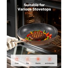 VEVOR Padella in Alluminio, 3 Pezzi, 200, 270, 300 mm Padelle in Ceramica Antiaderente ad Alta Resistenza con Manico Resistente al Calore, Pentole da Capocuoco, per Forno, Elettrico, Induzione, Grigio