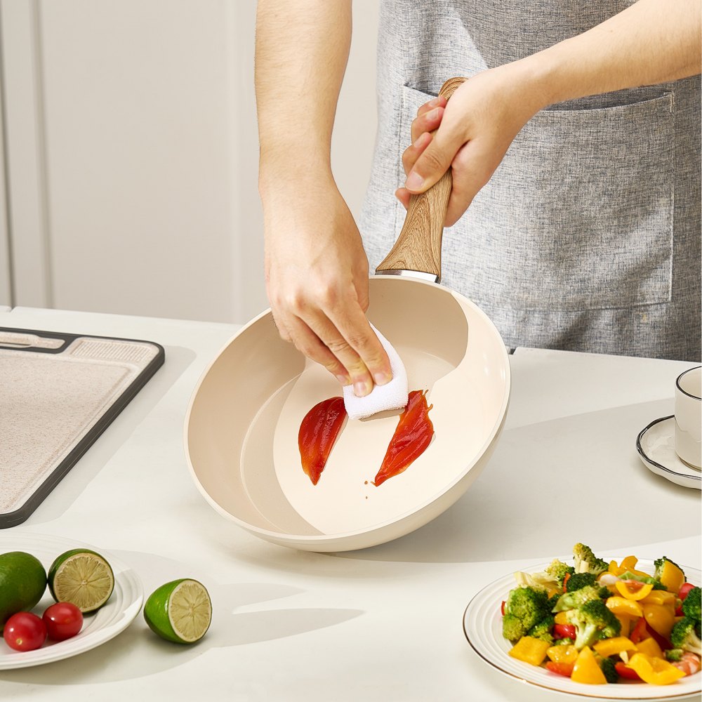 VEVOR Padella in Alluminio, 3 Pezzi, 200, 240, 280 mm Padelle in Ceramica Antiaderente ad Alta Resistenza con Manico Resistente al Calore, Pentole da Capocuoco, per Forno, Elettrico, Induzione, Beige