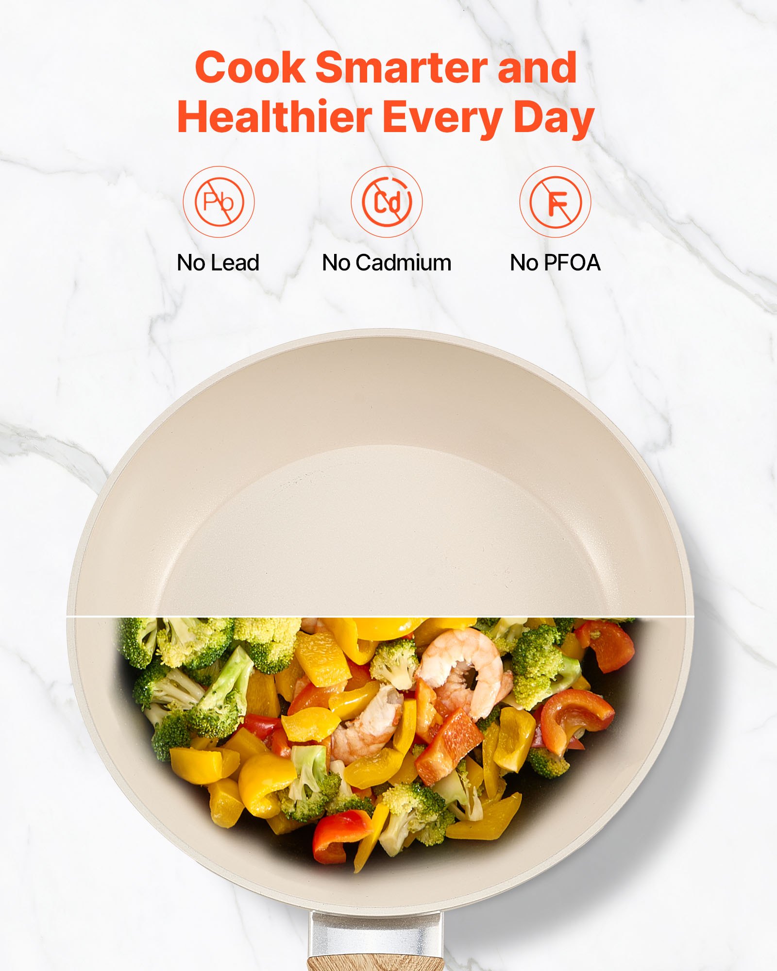 VEVOR Padella in Alluminio, 3 Pezzi, 200, 240, 280 mm Padelle in Ceramica Antiaderente ad Alta Resistenza con Manico Resistente al Calore, Pentole da Capocuoco, per Forno, Elettrico, Induzione, Beige