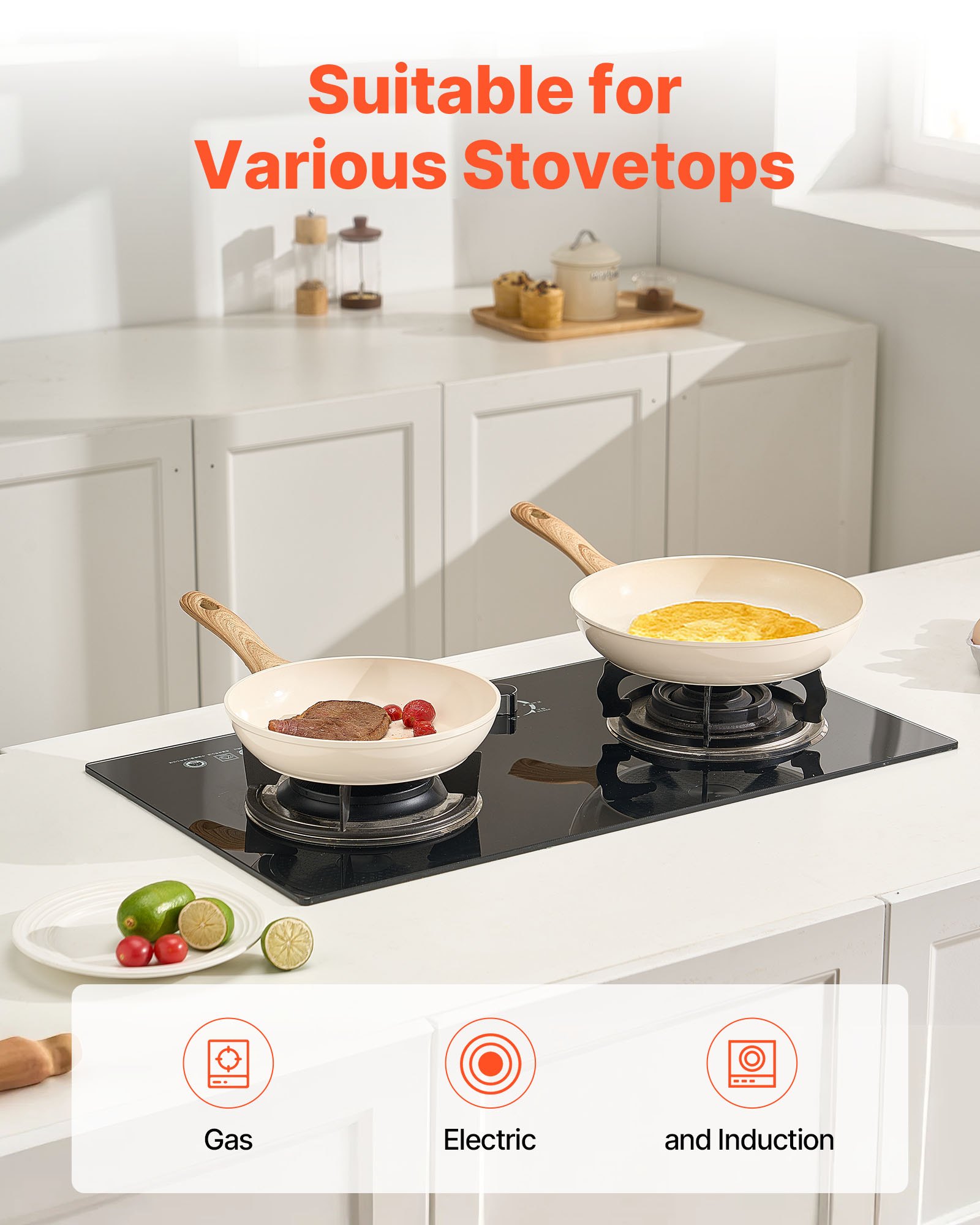 VEVOR Padella in Alluminio, 3 Pezzi, 200, 240, 280 mm Padelle in Ceramica Antiaderente ad Alta Resistenza con Manico Resistente al Calore, Pentole da Capocuoco, per Forno, Elettrico, Induzione, Beige