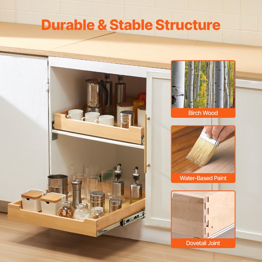 VEVOR Organizzatore Estensibile per Armadio, 508 x 533 mm Ripiano Estraibile per Cassetto con Meccanismo di Chiusura Ammortizzata, Cassetto in Legno, Montaggio Laterale sul Fondo, per Cucina, Dispensa