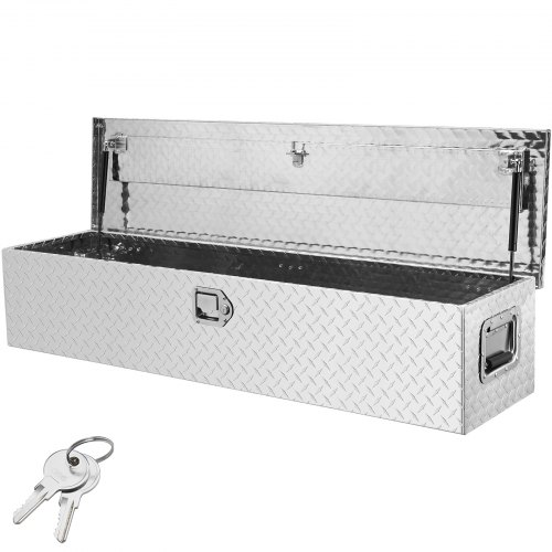 VEVOR Cassetta degli attrezzi per pianale di camion in alluminio resistente, cassetta degli attrezzi con piastra diamantata con maniglia laterale camper, rimorchio, 48"x15"x15", Argento