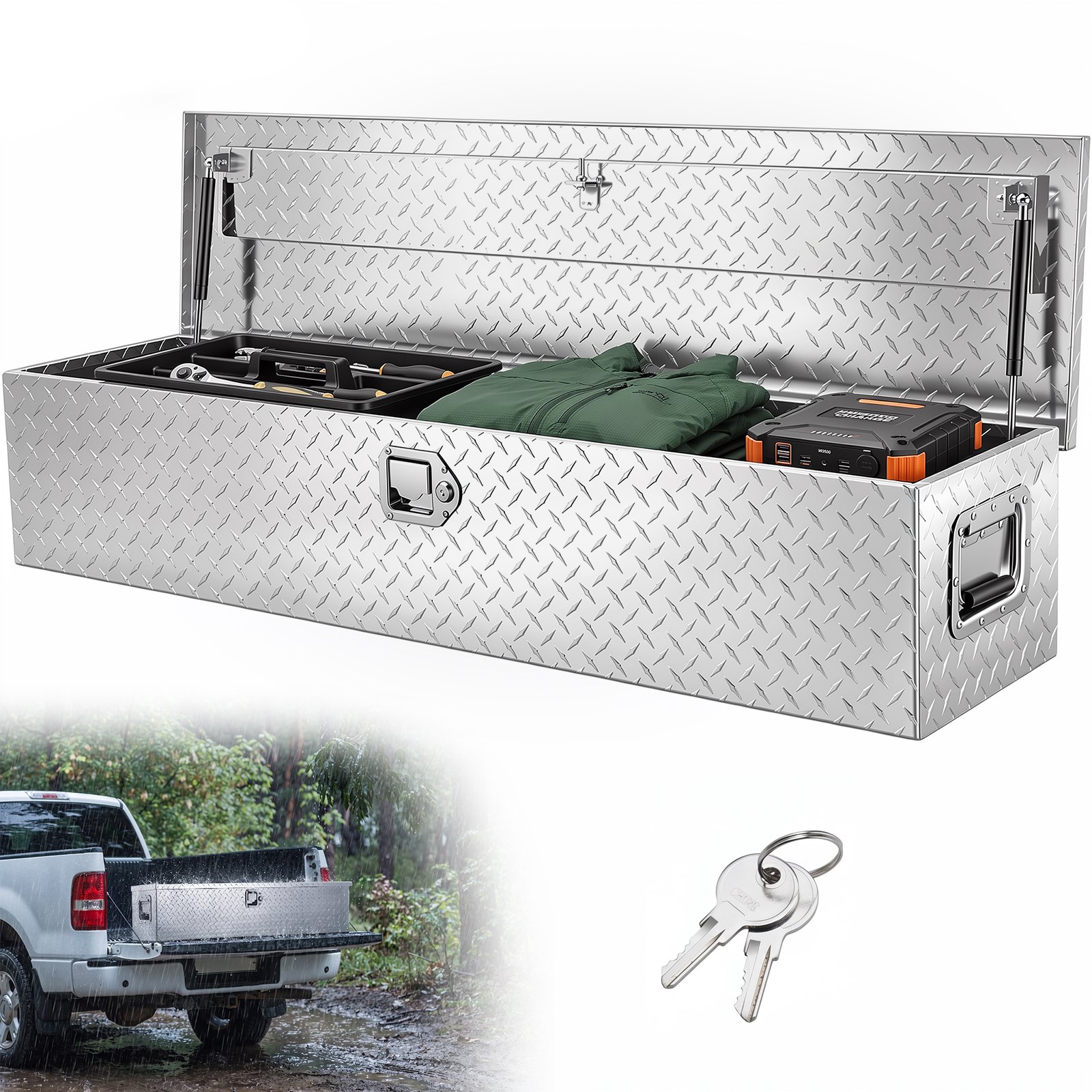 VEVOR Cassetta degli attrezzi per pianale di camion in alluminio resistente, cassetta degli attrezzi con piastra diamantata con maniglia laterale camper, rimorchio, 121,9 x 38 x 38 cm, Argento