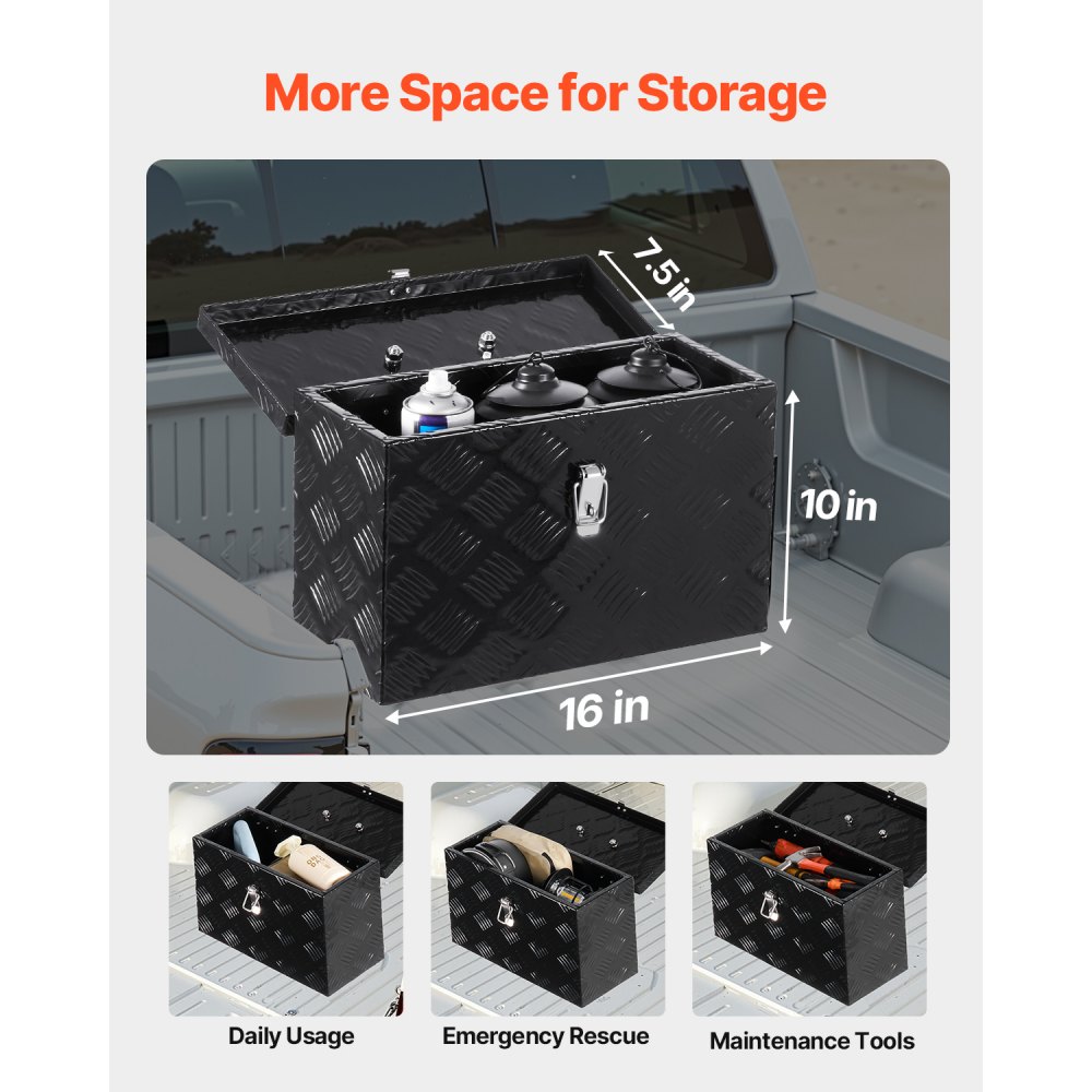 VEVOR Cassetta Portautensili, Struttura in Alluminio per Cassone di Camion, con Maniglia Laterale e Superiore, Organizzatore per Rimorchi, Camper, 406 x 190 x 254 mm, Colore Nero