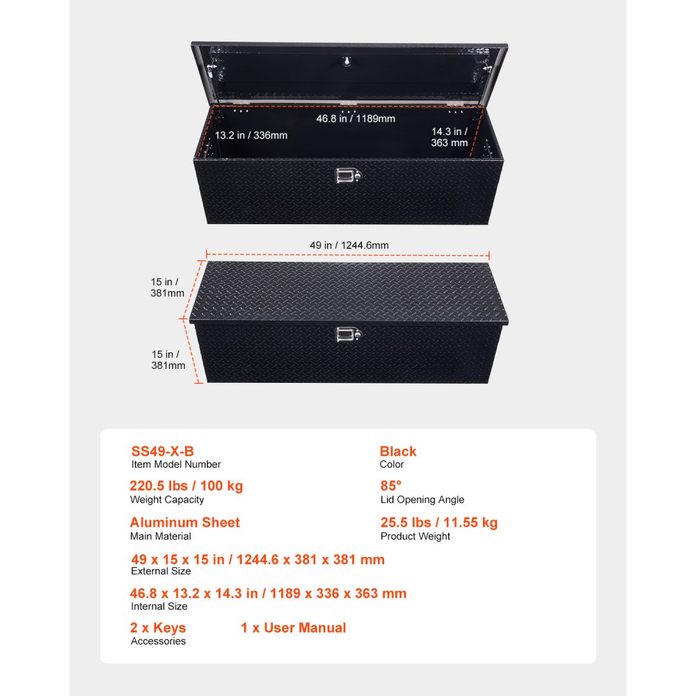VEVOR Aluminum Tool Box for Truck Bed with Side Handle and Locking Keys, Storage Tool Box for Trailers, Pickups, and Motorhomes (762 x 330.2 x 243.84 mm) Black