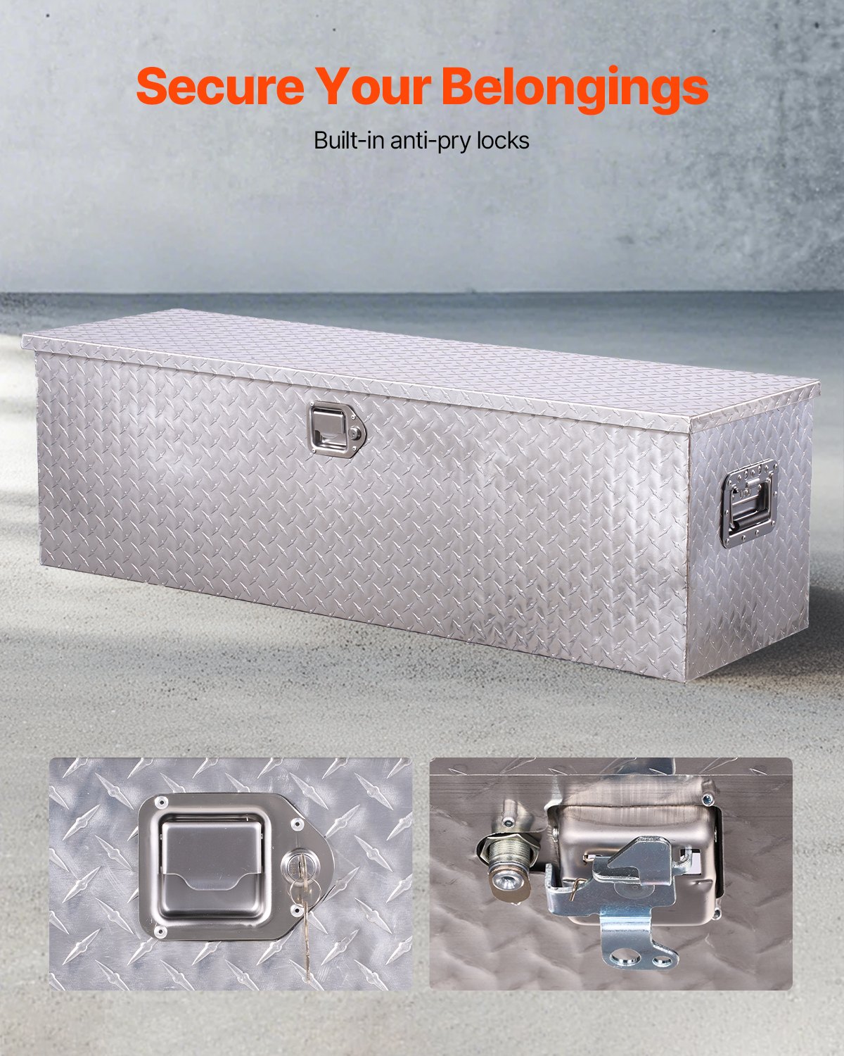 VEVOR Cassetta Portautensili in Alluminio per Cassone di Camion, con Piastra Diamantata, Maniglia Laterale e Chiavi di Blocco, Organizzatore per Rimorchi, Camper, 1244,6 x 381 x 381 mm, Argento