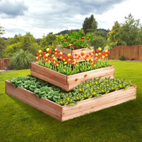 GOPLUS Giardino in Legno a 3 Livelli, Vaso da Giardino Rialzato, Scaffale di Stoccaggio Aperto, Contenitore Verticale per Piante da Esterno per La Coltivazione di Verdure, Fiori ed Erbe Aromatiche