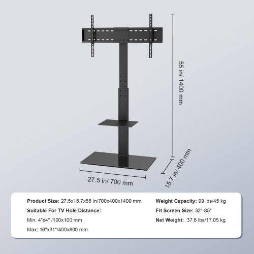 Supporto TV Girevole per TV da 32 a 85 pollici, Supporto da Pavimento Altezza Regolabile, Capacità di Carico di 45 kg, VESA massimo 400x800 mm, per Soggiorno, Casa, Ufficio, Aula | IT