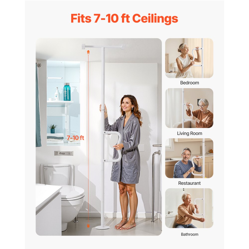 VEVOR Asta di Trasferimento dal Pavimento al Soffitto, Carico 136 kg Barra di Sostegno per Bagno Montata a Tensione con Maniglia Curva Antiscivolo, Asta di Sicurezza per Soffitti 2140 a 3050 mm Bianco