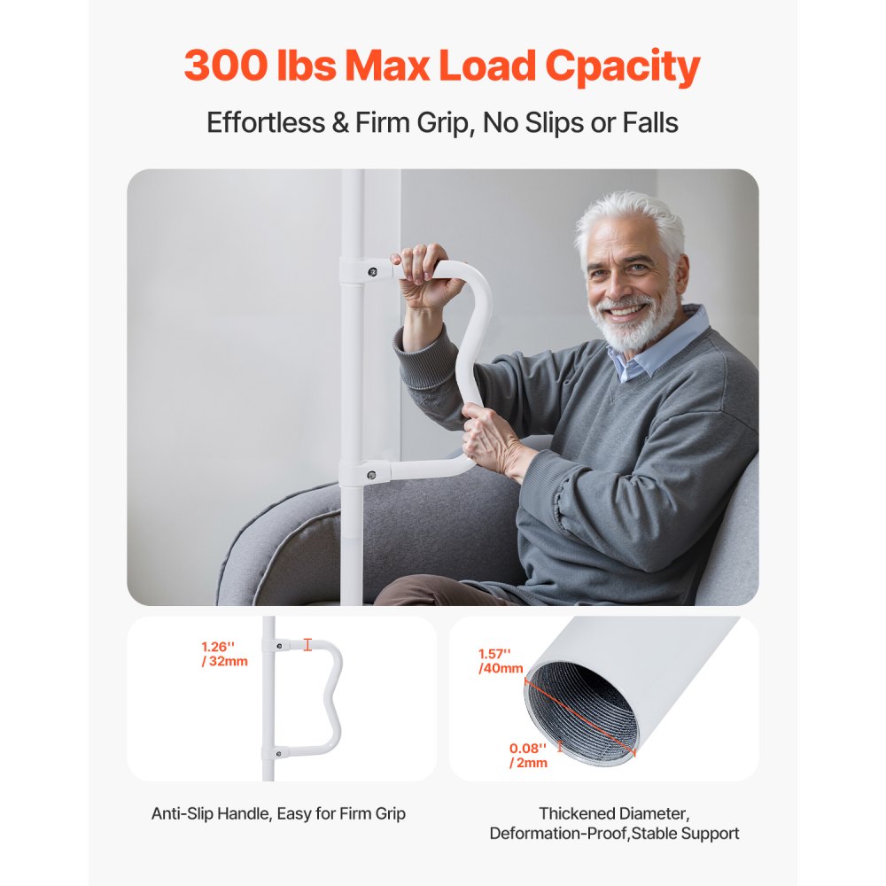 VEVOR Asta di Trasferimento dal Pavimento al Soffitto, Carico 136 kg Barra di Sostegno per Bagno Montata a Tensione con Maniglia Curva Antiscivolo, Asta di Sicurezza per Soffitti 2140 a 3050 mm Bianco