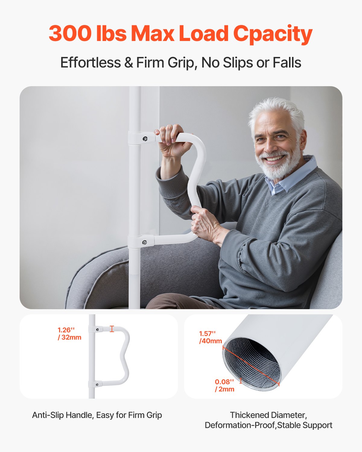 VEVOR Asta di Trasferimento dal Pavimento al Soffitto, Carico 136 kg Barra di Sostegno per Bagno Montata a Tensione con Maniglia Curva Antiscivolo, Asta di Sicurezza per Soffitti 2140 a 3050 mm Bianco