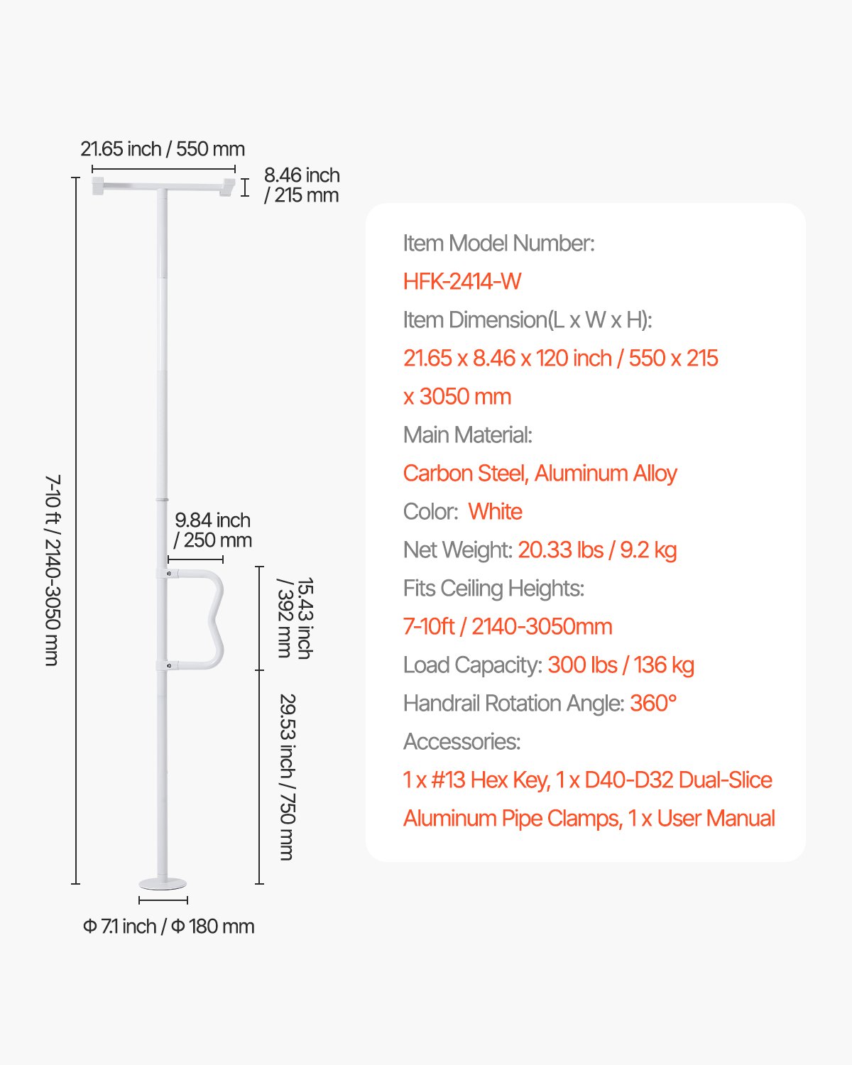 VEVOR Asta di Trasferimento dal Pavimento al Soffitto, Carico 136 kg Barra di Sostegno per Bagno Montata a Tensione con Maniglia Curva Antiscivolo, Asta di Sicurezza per Soffitti 2140 a 3050 mm Bianco