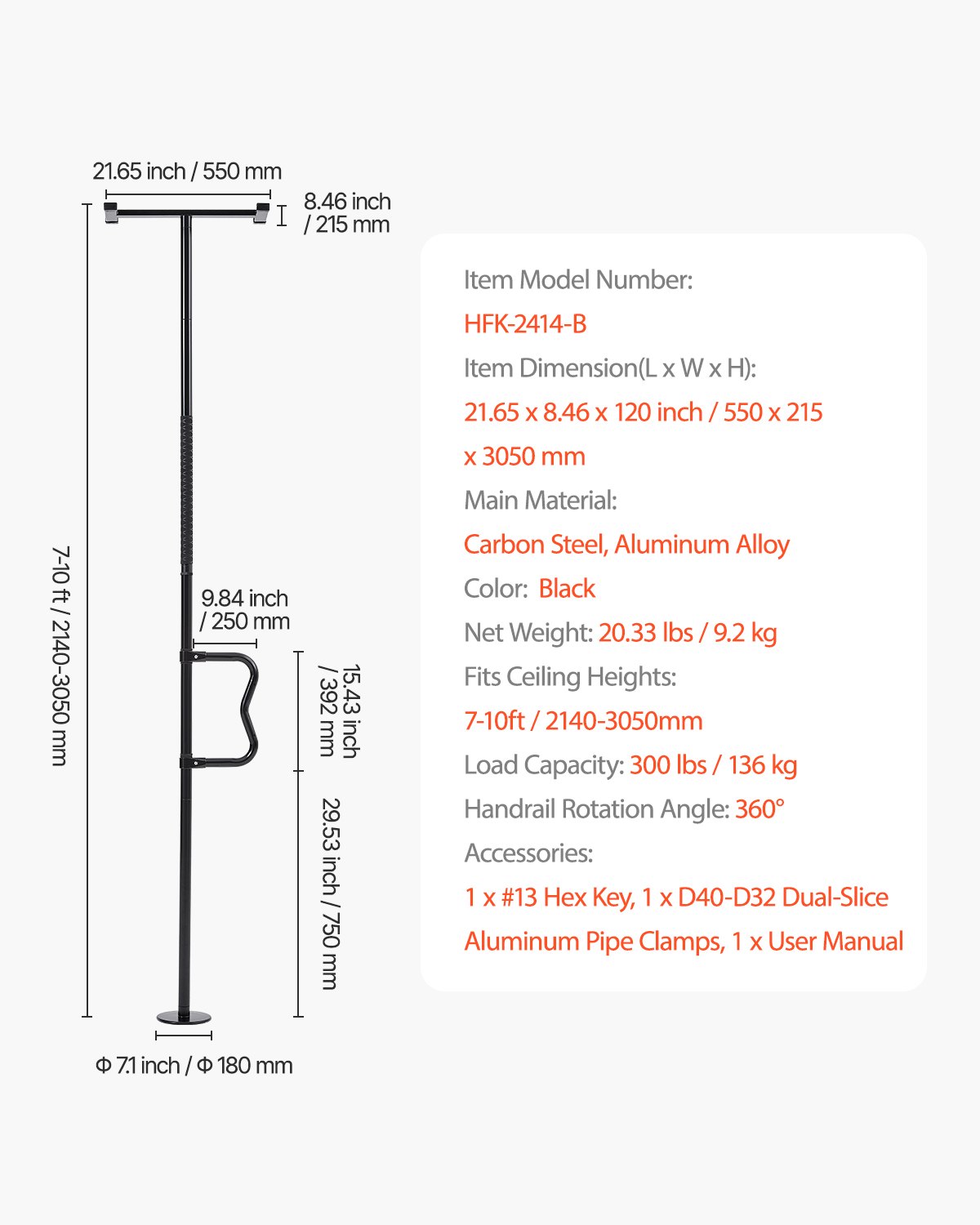 VEVOR Asta di Trasferimento dal Pavimento al Soffitto, Capacità 136 kg Barra di Sostegno per Bagno Montata a Tensione con Maniglia Curva Antiscivolo, Asta di Sicurezza per Soffitti 2140 a 3050 mm Nero