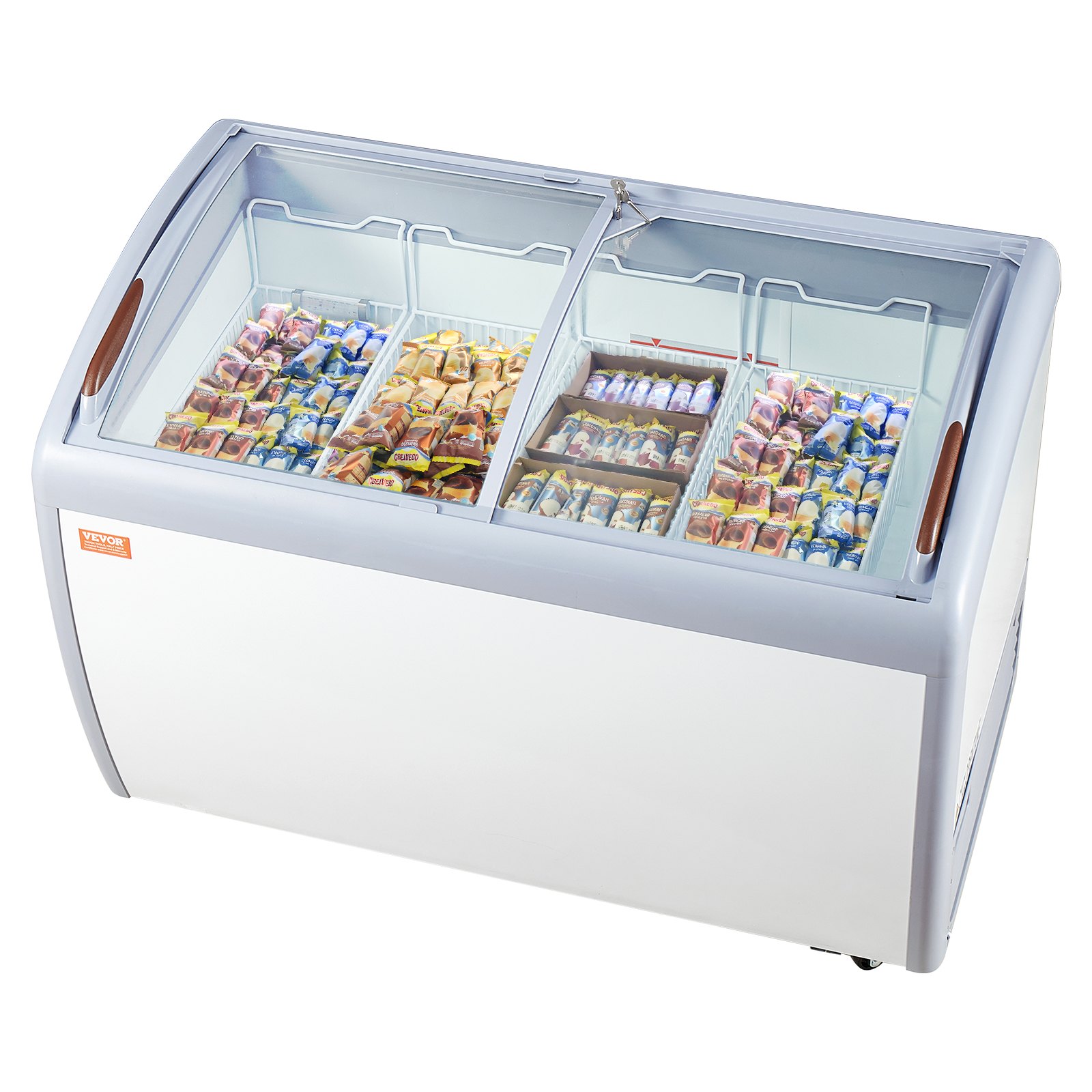 VEVOR Commercial Ice Cream Display Case, 362 L Chest Freezer, Mobile Freezer with Glass Shelf, Restaurant Gelato Immersion Cabinet with 4 Wire Baskets, 2 Sliding Glass Doors, Locking Casters, White