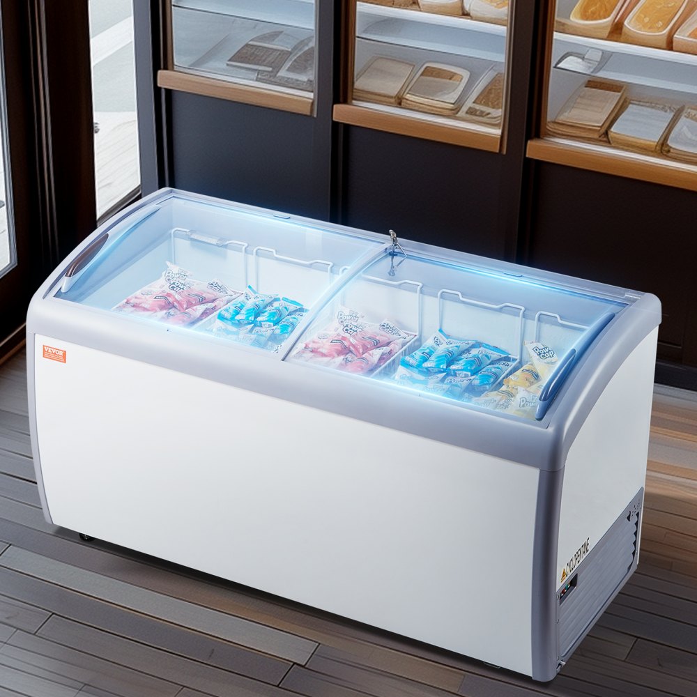 VEVOR Vetrina per Gelato Commerciale 460 L Congelatore Mobile con Piano in Vetro, Armadietto per Gelato per Ristorante, 5 Cestelli Metallici, 2 Porte Scorrevoli in Vetro, Ruote con Bloccaggio, Bianco