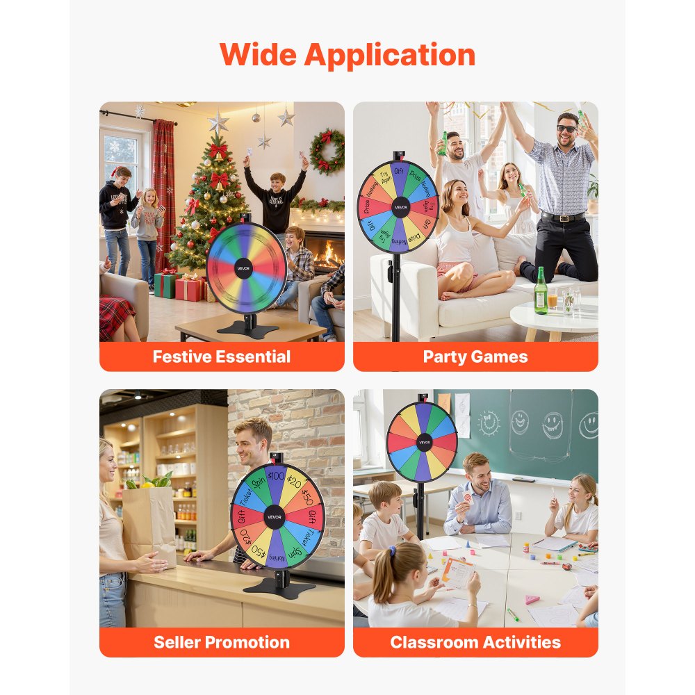 VEVOR Roulette con Supporto per Premi da 610 mm, Ruota Girevole a 12 Slot con Supporto, Altezza Regolabile, con Cancellabile a Secco e 2 Pennarelli, 6 Colori, per Feste, Pub, Fiere, Carnevale