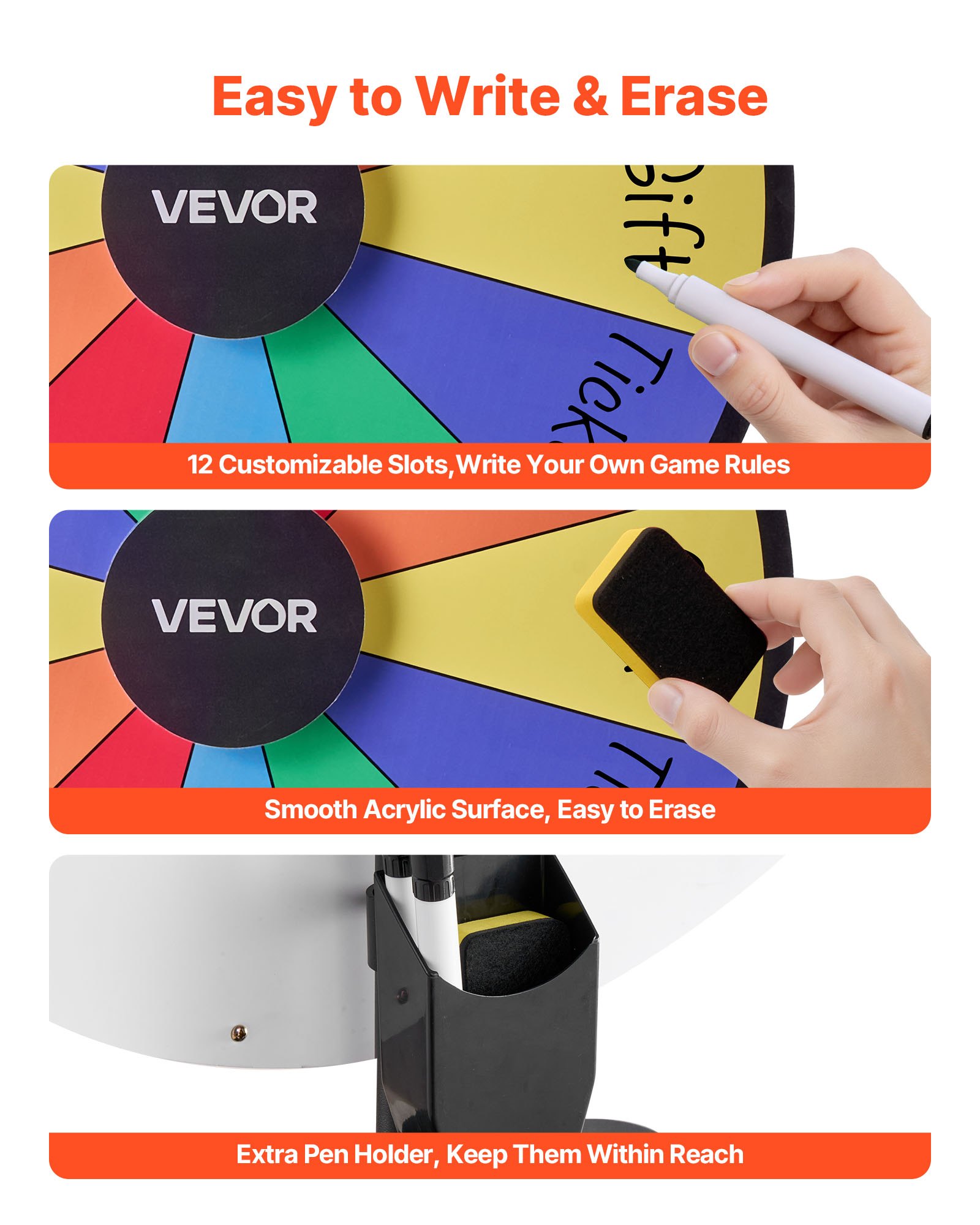 VEVOR Roulette con Supporto per Premi da 610 mm, Ruota Girevole a 12 Slot con Supporto, Altezza Regolabile, con Cancellabile a Secco e 2 Pennarelli, 6 Colori, per Feste, Pub, Fiere, Carnevale