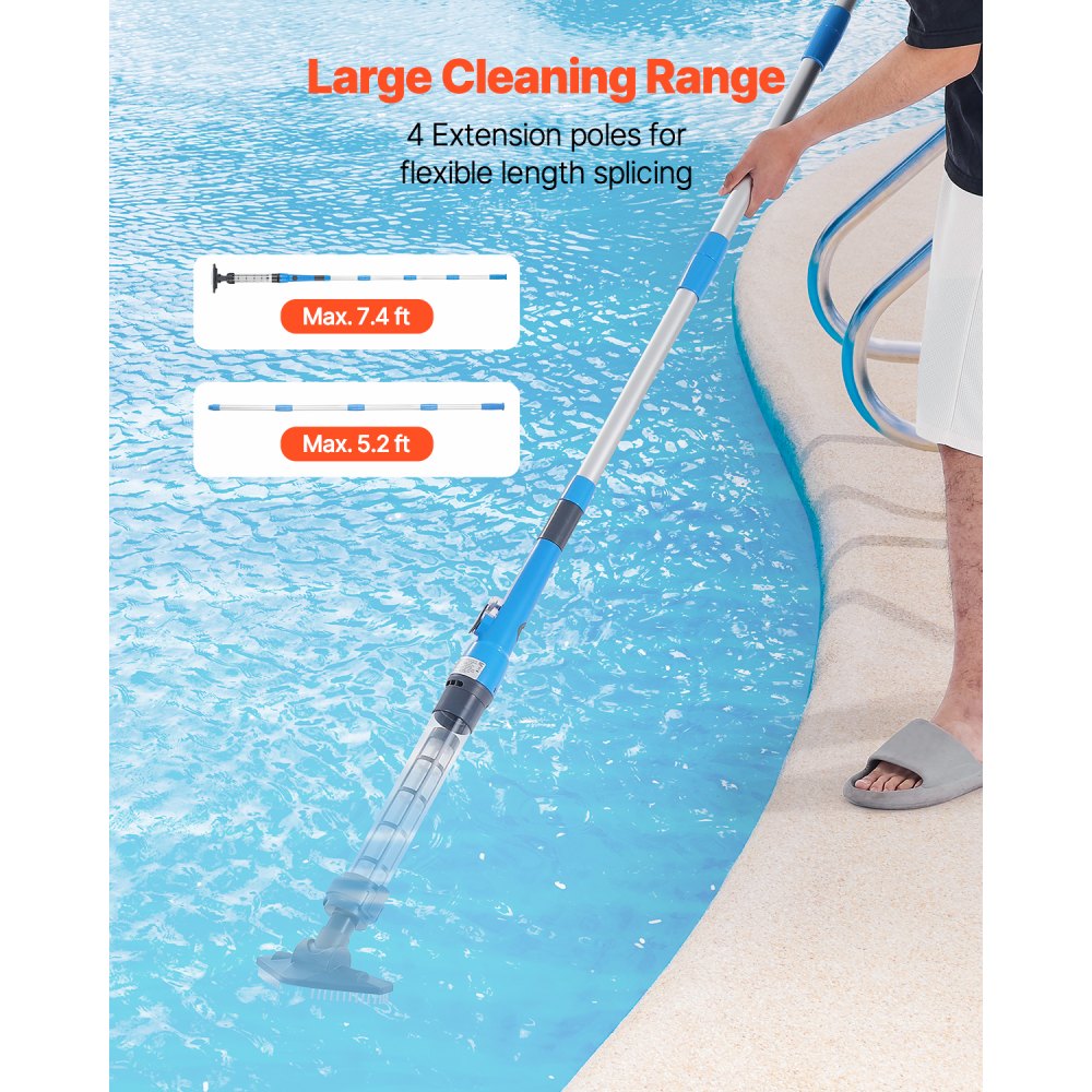 VEVOR Cordless Handheld Pool Vacuum Cleaner (32 L/min) for Hot Tubs with Extension Pole, Rechargeable Pool Cleaner, Runs Up to 1 Hour, for Above Ground/In-Ground Pool Spas